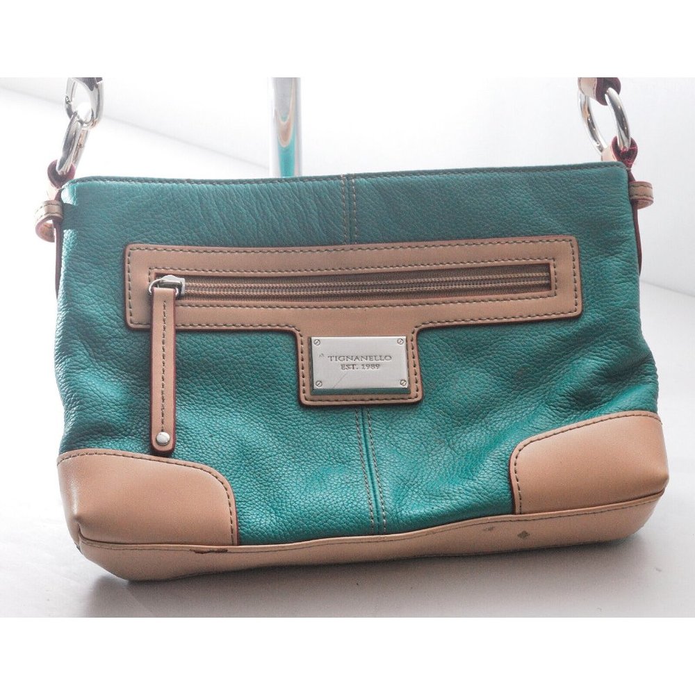 Tignanello Crossbody Bag Purse Pebbled Turquoise and Tan Leather EUC
